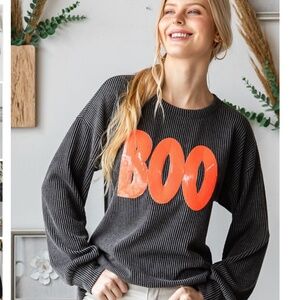 HEIMISH USA “ PUMPKIN “ HEIMISH RIBBED HALLOWEEN BOO PATCH SEQUIN TOP